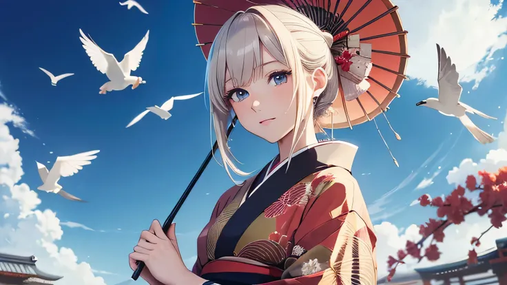 ((highest quality)),(Ultra-high resolution),(Very detailed),(Detailed Description),((Best Anime)),(A masterpiece),sharp,Claire, (Woman wearing Japanese kimono), Admire the beautiful birds