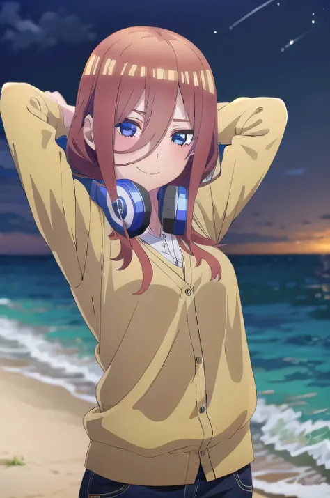 solo, 1girl, looking at viewer, 2D, anime, anime coloring, miku nakano, cardigan, headphones around neck, solo, night sky, beach, arms behind head, contrapposto, closed mouth, upper body, looking at viewer, smile,