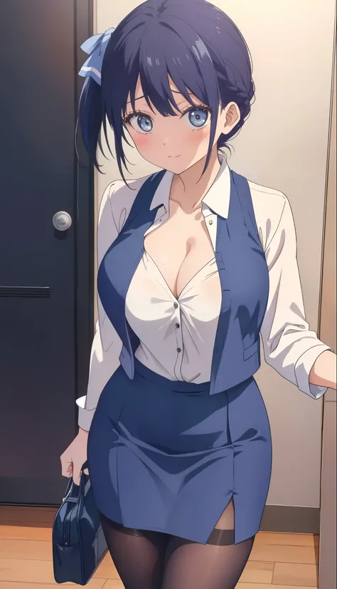 highest quality, Flying debris、Beautiful woman、Office Lady、Black Hair、(Brown eyes、Big Breasts、Blunt bangs)、short hair、Dark blue checked office suit)、new employee,Full Body Shot、Female office lady、break(Dark blue checked vest、White dress shirt、Navy blue min...