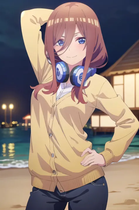 solo, 1girl, looking at viewer, 2D, anime, anime coloring, miku nakano, cardigan, headphones around neck, solo, night sky, beach, arm behind head, hand on hip, contrapposto, closed mouth, (cowboy shot:1.5), looking at viewer, smile,