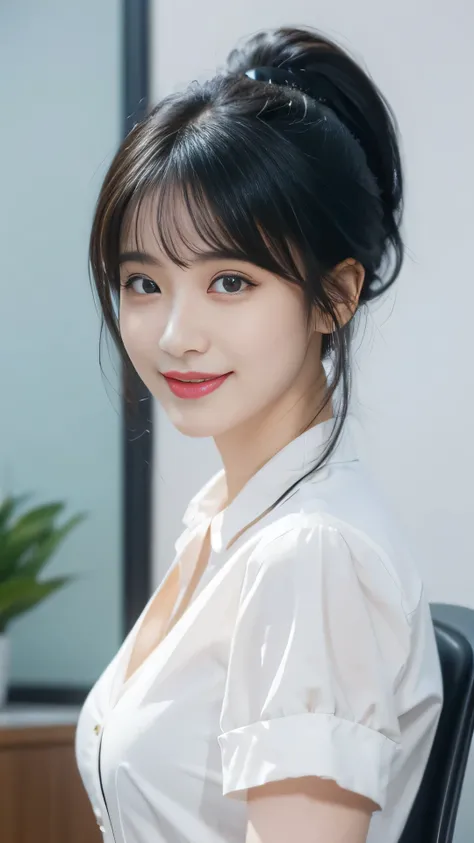 A 28-year-old woman, pretty, Upper body photo, Office kit, black hair, bangs, aqua eyes, light smile, ponytail