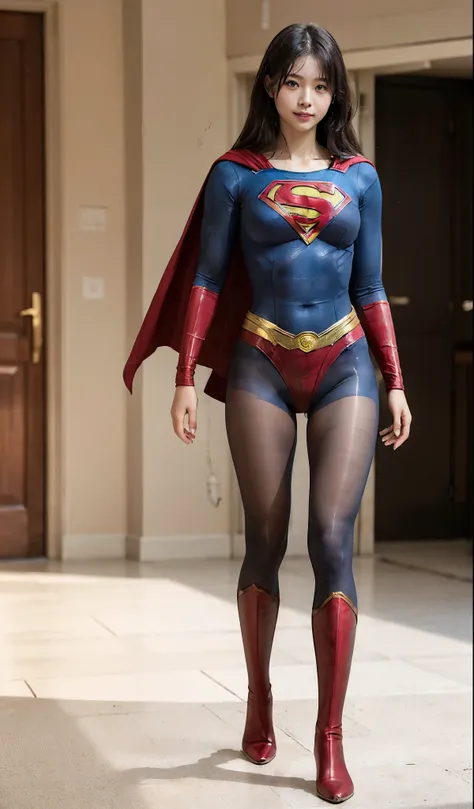 No background、(((Beautiful legs in black tights.)))、(((Legally express the beauty of your smile)))、((((Make the most of your original images)))、(((Supergirl Costume)))、(((Beautiful Hair)))、(((suffering)))、(((Please wear black tights....、Wear red boots)))、(...