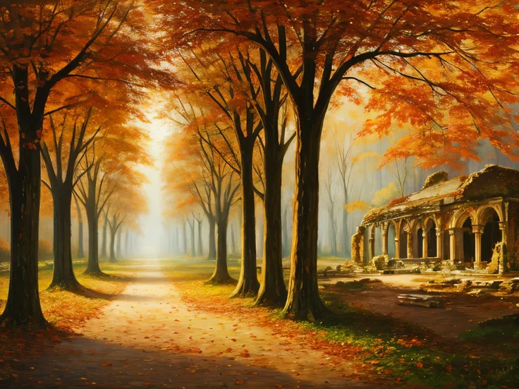 , late autumn ruins, high quality, highly detailed, illustration, impasto, canvas, oil painting, fantasy,