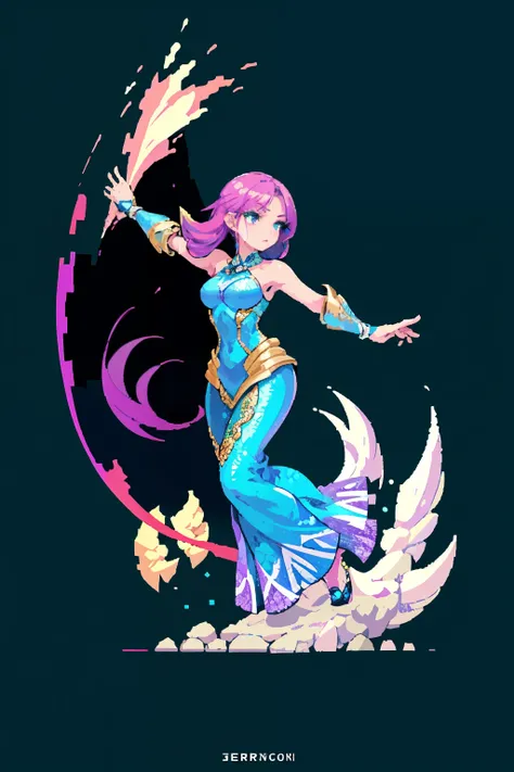 RPG Maker style active character, a striking mermaid figure in a full-bodied pose, bathed in lilac tones. From a front view, she assumes an attack stance, her right hand poised for action, while her left arm is extended, adding a sense of dynamism to the s...