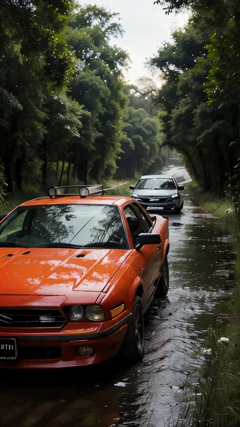 Create a cover for a book with the title "Amor entre corridas" com um carro ao fundo. Quero uma capa em tons roxos e preto escuro, com chuva e floresta