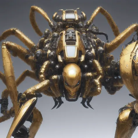 a close up of a golden spider with a black body and legs, steampunk spider, mechanical spider legs, arachnid, lolth, arachne, sp...