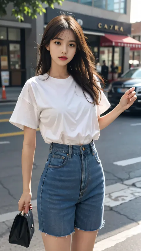 masterpiece, top-quality, 1 beautiful girl, (Detailed beautiful eyes), ((Detailed skin)) , ((Detailed medium hair )), A beautiful 170cm, in colorful clothings hiphop style, oversize shirt and high waist short jeans, RAW photos, CG rendering, Blurred backgr...