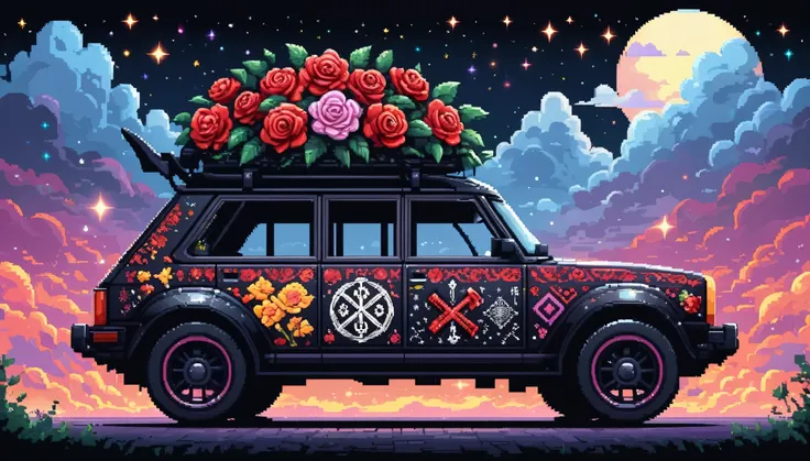 Bright epic professional (cute cartoon pixel illustration:1.2), (masterpiece in maximum 16K resolution, superb quality, ultra detailed:1.3), side view of a grand (bizarre:1.2) car with (tall wheels:1.2) and (sharp features, decorated with runes and folding...