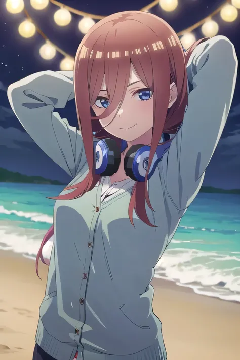 solo, 1girl, looking at viewer, 2D, anime, anime coloring, miku nakano, cardigan, headphones around neck, solo, night sky, beach, arms behind head, contrapposto, closed mouth, upper body, looking at viewer, smile,