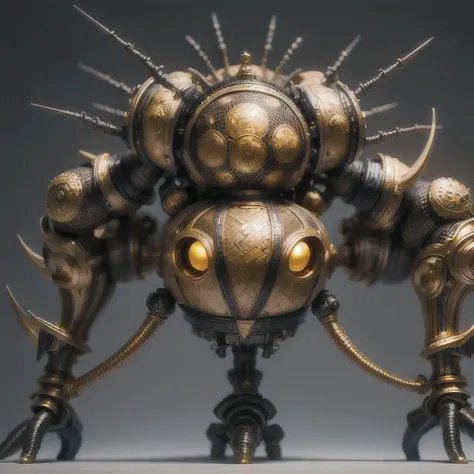 a close up of a golden spider with a black body and legs, steampunk spider, mechanical spider legs, arachnid, lolth, arachne, spider, steampunk robot scorpion, highly detailed barlowe 8 k, spider legs large, sculpture made of gold, by Hiroyuki Tajima, full...