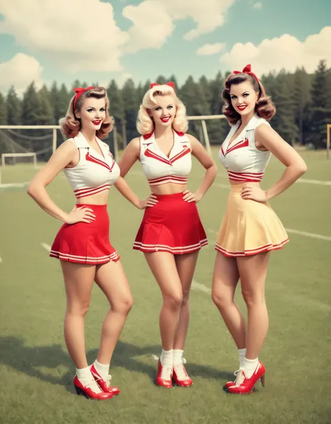 Vintage-style sexy cheerleaders at camp, in pin-up poses with retro uniforms and vibrant colors.