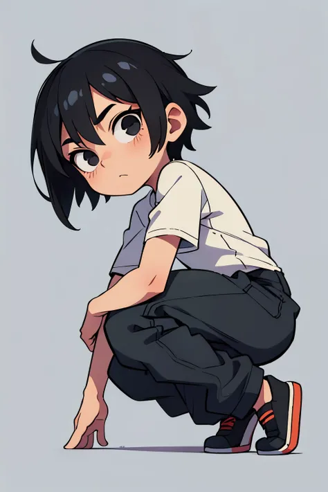 1boy, short black hair, black eyes, wearing casual clothing, blank background, absurdres, high res, ultrasharp, chibi anime, looking at viewer