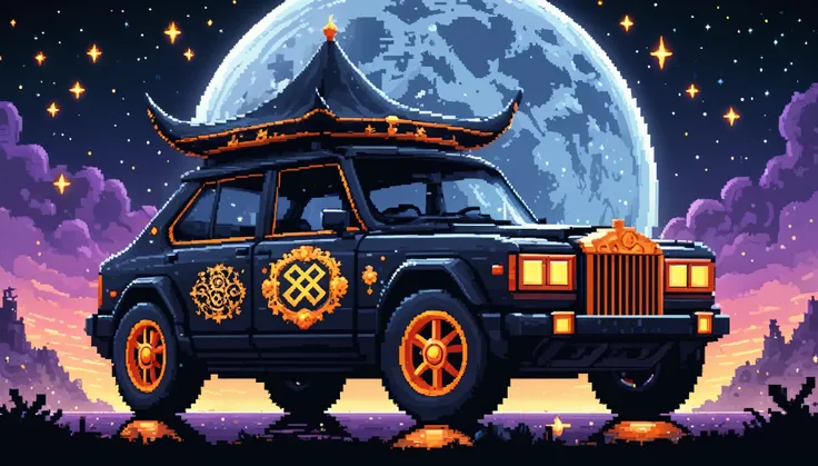 Bright epic professional (cute cartoon pixel illustration:1.2), (masterpiece in maximum 16K resolution, superb quality, ultra detailed:1.3), side view of a grand (bizarre:1.2) car with tall wheels and (sharp features, decorated with runes and folding roof)...