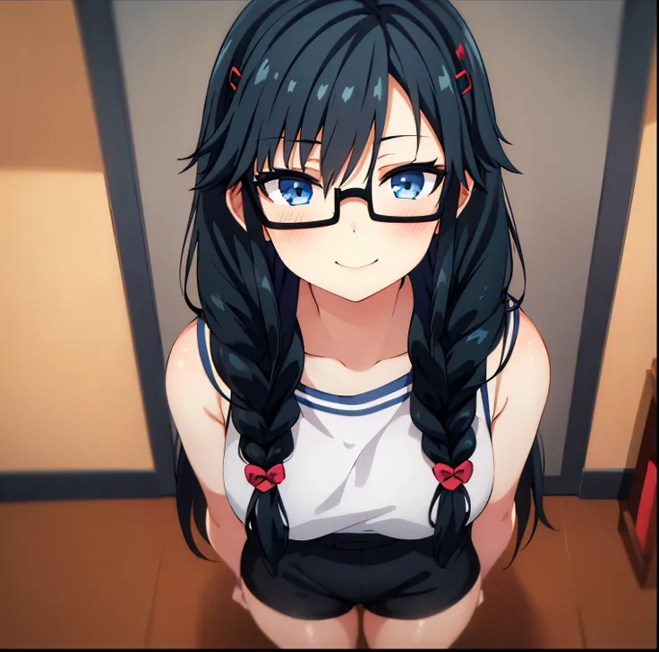 1girl,alone,sumireko sanshokuin,masterpiece,best quality,anime screenshot,black hair,red hairpin,blue eyes,black glasses,long hair,school,library,standing,good lighting,white shirt,tank shirt , black shorts, short shorts, black shoes, embarrassed, seductiv...