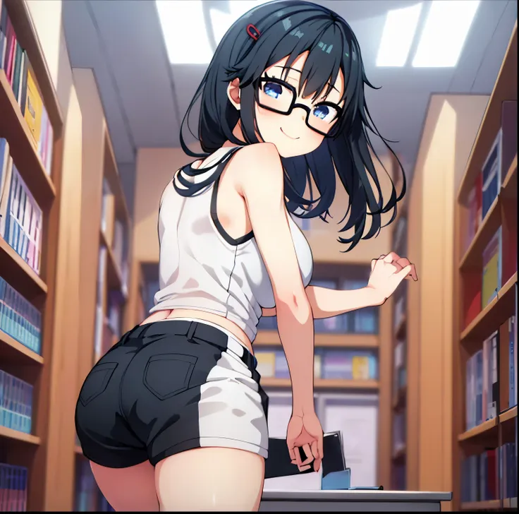 1girl,alone,sumireko sanshokuin,masterpiece,best quality,anime screenshot,black hair,red barrette,blue eyes,black glasses,medium hair,school,library,standing,good lighting,white shirt,tank shirt , cleavage, black shorts, short shorts, black shoes, embarras...