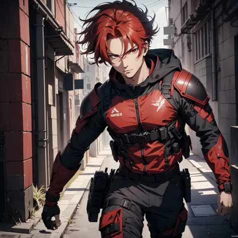 1man, handsome, 18 years old, red wild hair, bangs, wearing combat suit, ultra high resolution, best quality, masterpiece, rtx,r...