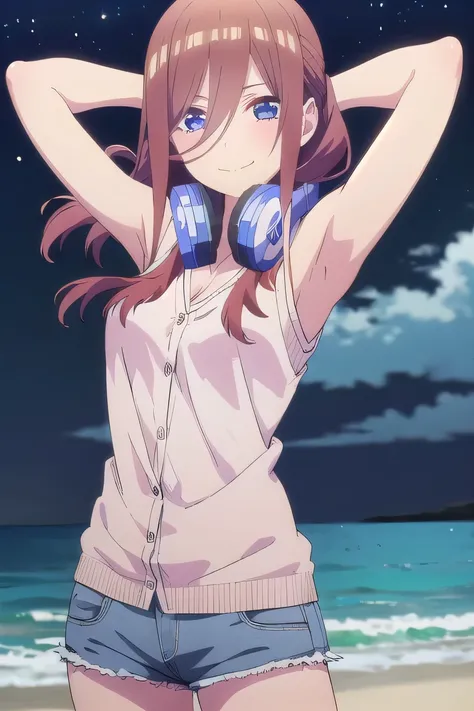 solo, 1girl, looking at viewer, 2D, anime, anime coloring, miku nakano, cardigan, headphones around neck, solo, night sky, beach, arm behind head, hand on hip, spread armpits, contrapposto, closed mouth, (cowboy shot:1.5), looking at viewer, smile,