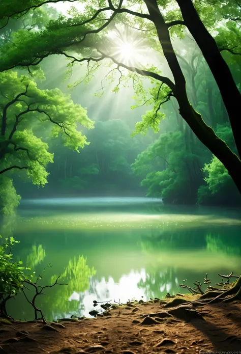 Realistic、Calm, Realistic green landscape. A tapestry of rich green hues、Imagine a lush, large, dark oak forest., wood々Where the leafy branches hang gently down to the ground. in the center, On a small grassy island in a quiet lake、孤立した巨大なオークのwoodが堂々Standi...