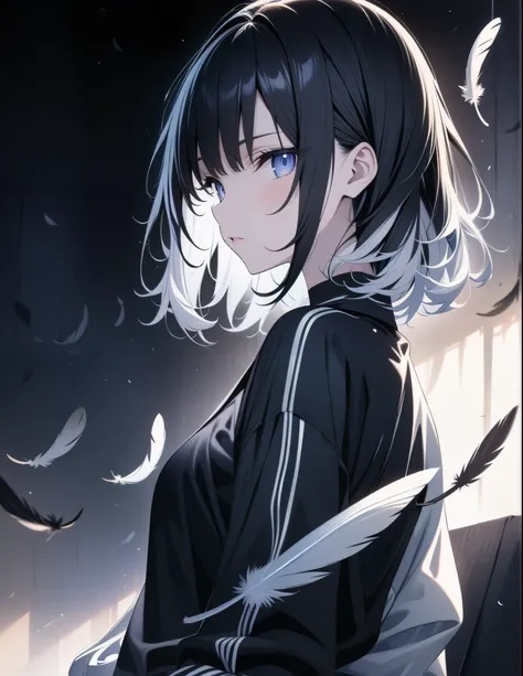 ((style:colored pencil,Pale colors)),(anime)、(masterpiece:1.2),Light and Darkness、Contrast between black and white、girl、White and black feathers