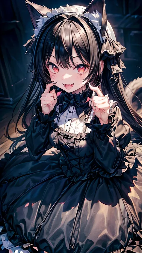 black hair semi-long、cat ears、((( a cute smile with visible fangs)))、(((cute white frilly gothic lolita outfit,1,5)))、small brea...