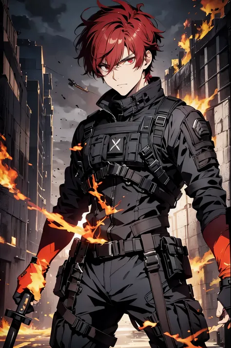 (absurdres, highres, ultra detailed), masterpiece, best quality, a man in a black outfit, red hair, battojutsu stance, sword surrounded by flame, solo, handsome, finely eye, detailed face, short hair, vibrant red eye, ruined city, dark background, from bel...
