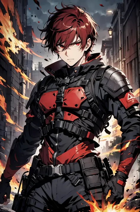 (absurdres, highres, ultra detailed), masterpiece, best quality, a man in a black outfit, red hair, battojutsu stance, sword sur...