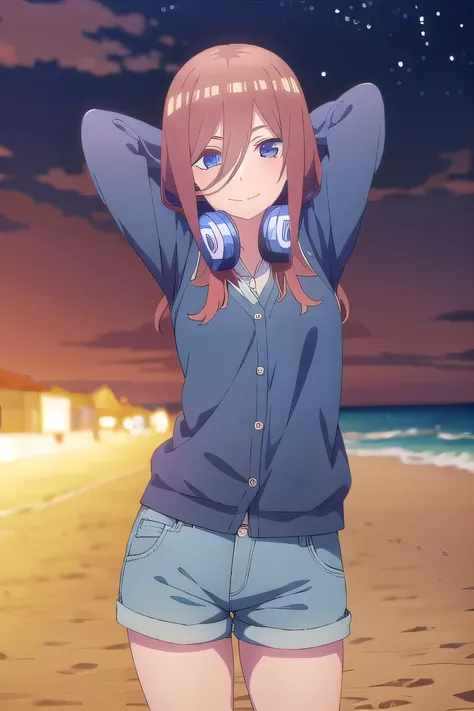 solo, 1girl, looking at viewer, 2D, anime, anime coloring, miku nakano, cardigan, blue shorts, headphones around neck, solo, night sky, beach, arms behind head, contrapposto, closed mouth, (cowboy shot:1.5), looking at viewer, smile, shaking hips,