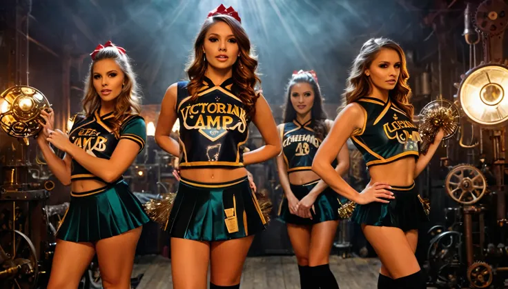 A sexy cheerleader group at a steampunk camp,victorian-era inspired uniforms,mechanical pom-poms,photo realistic,8k,vibrant colors,highly detailed,chiaroscuro lighting,dramatic poses,dynamic action,intricate mechanical details,steampunk machinery,gears,cop...