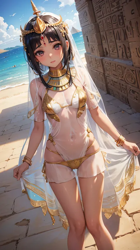 All intricate details: "(MahabharataPunkAI, ((see through, short clearswimsuit)), tan skin, beautiful, Egypt style, egypt girl, cute, 1 girl view, ((+18)),random angle shot)"