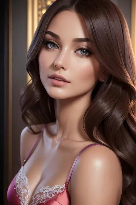 Create a hyper-realistic image of a captivating beauty, a 28-year-old seductive woman, with long, cascading chestnut-brown hair styled in a flawless, silky bob. Her striking violet eyes, framed by thick, dark lashes, exude an allure that sets hearts racing...