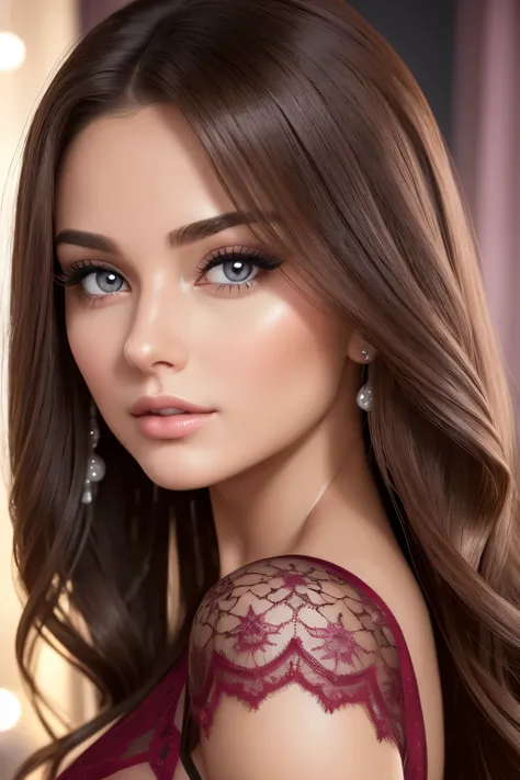 Create a hyper-realistic image of a captivating beauty, a 28-year-old seductive woman, with long, cascading chestnut-brown hair styled in a flawless, silky bob. Her striking violet eyes, framed by thick, dark lashes, exude an allure that sets hearts racing...