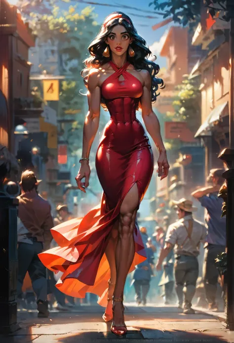 score_9, score_8_up, score_7_up, score_6_up, score_5_up, (high quality, detailed, beautiful), detailed soft lighting, rating_explicit, Disneys Jasmine (muscular:0.6), wavy hair, walking around the streets of Agrabah, tight skirt and halter top, high heels,...