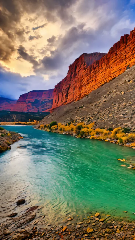 ultra-high resolution、photorealistic(1.4)、1 scene、the colorado river flows downwards、cliff face in the foreground、elongated pers...