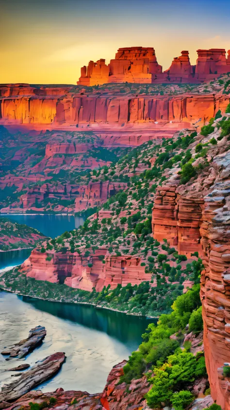 ultra-high resolution、photorealistic(1.4)、1 scene、the colorado river flows downwards、cliff face in the foreground、elongated pers...