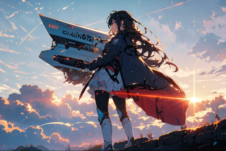 anime girl, cyber ronin, mecha, long hair, cool, sea of clouds, sunset, absurdly detailed, 8k, beautiful, high quality, wallpaper,