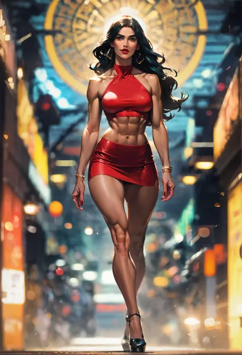 score_9, score_8_up, score_7_up, score_6_up, score_5_up, (high quality, detailed, beautiful), detailed soft lighting, rating_explicit, Disneys Jasmine (muscular:0.6), wavy hair, walking around the streets of Agrabah, short skirt and halter top, high heels,...