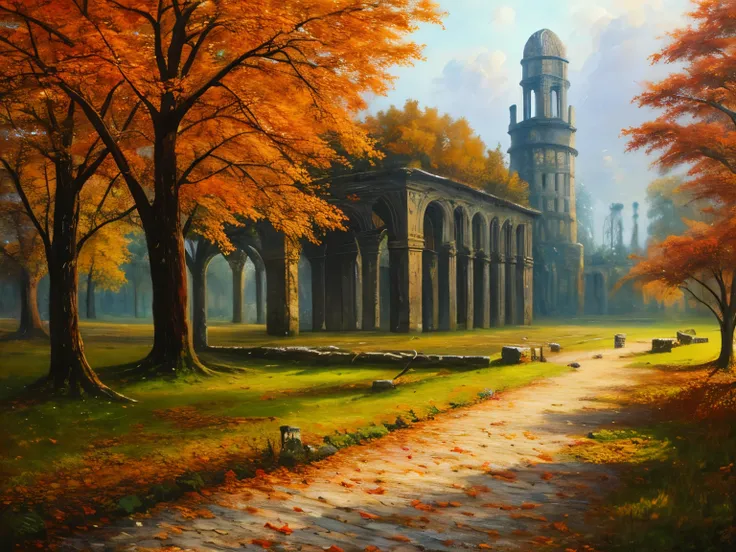 , late autumn ruins, high quality, highly detailed, illustration, impasto, canvas, oil painting, fantasy,