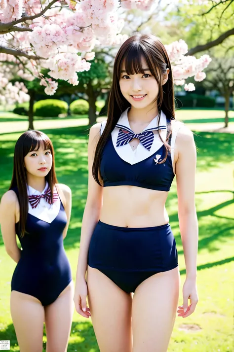 Girls standing in Sakura Park,Navy blue sailor school swimsuit and red bow tie,18-year-old,bangs,A little smile,Thighs,knees,Straight hair with barrette,From below,Front light