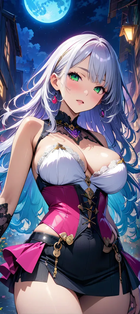 (masutepiece, of the highest quality, Best Quality, Official art, Beautiful and aesthetic:1.2),  Extremely detailed,(Colorful:1.1),highest details, one arafed woman with white hair and pink tips  and green eyes, sexy corset and mini skirt, big breast, sfw,...