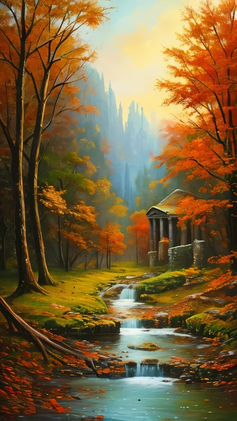 , late autumn ruins, high quality, highly detailed, illustration, impasto, canvas, oil painting, fantasy,