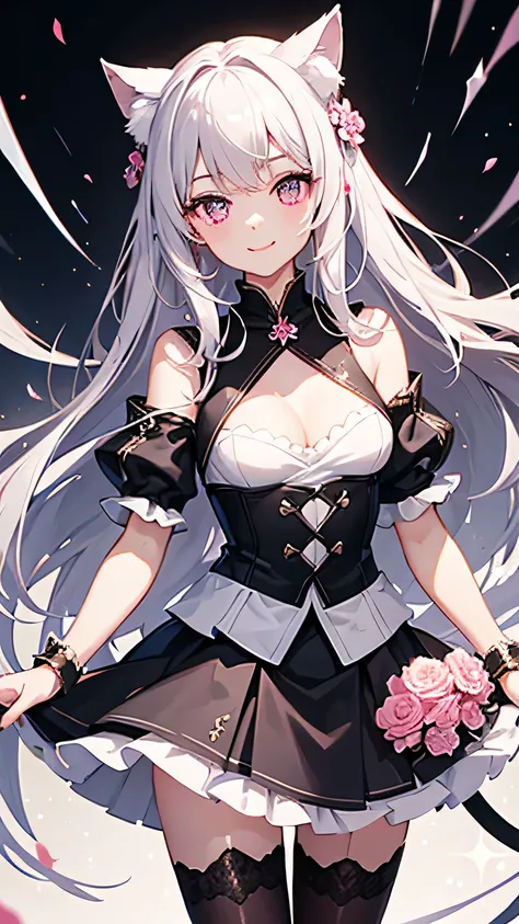 masterpiece,highest quality,Highly detailed face,fine grain,Sparkling eyes,Highlighted eyes,Medium chest,pretty girl,smile,Cat ear,Beautiful silver hair,Pink inside,Beautiful pink eyes,Oversized shirt、skirt、black tights,Flower storm,Waterfront
