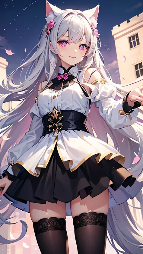 masterpiece,highest quality,Highly detailed face,fine grain,Sparkling eyes,Highlighted eyes,Medium chest,pretty girl,smile,Cat ear,Beautiful silver hair,Pink inside,Beautiful pink eyes,Oversized shirt、skirt、black tights,Flower storm,Waterfront
