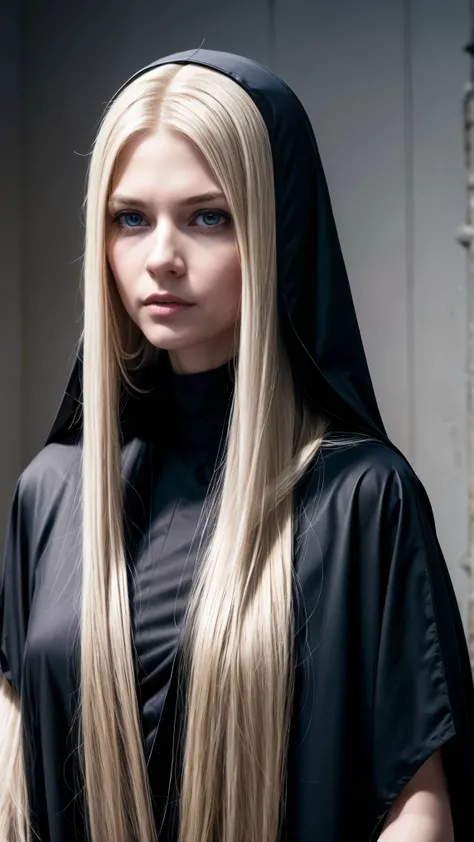 full body Pure blond straight hair, (long hair) (((straight hair))), Detailed hair, Blue Eyes, beautiful eyes, light on the face, pale skin, a 50 year old mysterious, dark, woman, nun, 