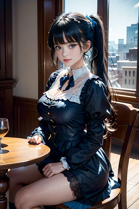 ♥(lolita gothic costume),((1girl,cute,young,semi long beautiful black hair,blunt bangs,pony tale,beautiful blue eyes)),(solo),((masterpiece, highest resolution,best quality)), (beautiful illustration),(lolita gothic costume),
 (looking at the viewer), inno...