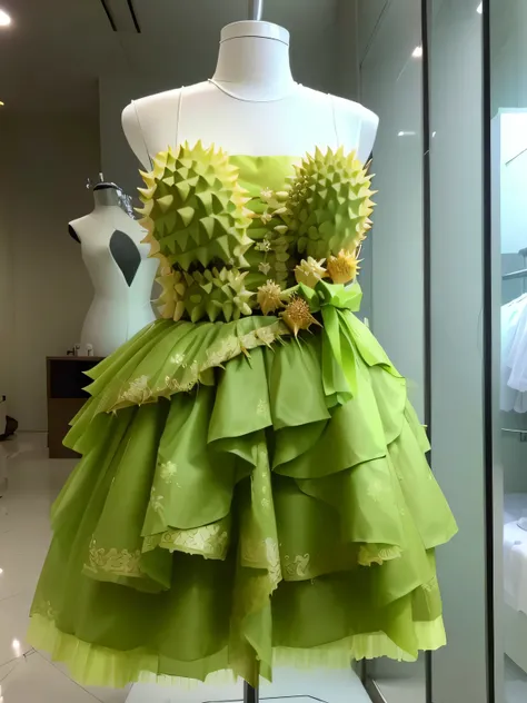 Close-up of a ruffled dress on a model, Clothes made from durian peel, Wearing a skirt made of thorns, Wearing a skirt made of durian, a complicated dress, Durian decoration on skirt, Durian dress, full body dress, Dressed beautifully, dress, Skirt made fr...