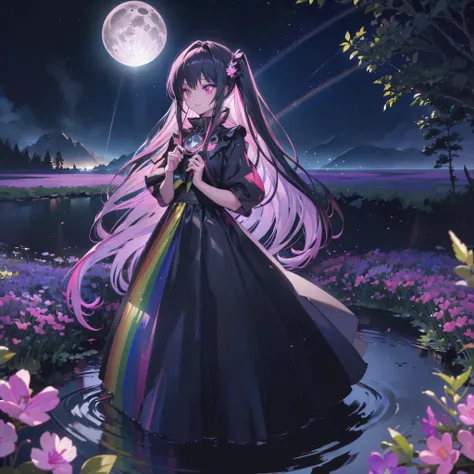 ((Fantasy　Long Hair　Pink Eyes　Rainbow Hair　Black Dress　Archangel))　((night　Western style　Shining Aura　Face is close　Standing in a flower field))Distorted Space-Time　explosion　rupture　Hold the crystal and hold it up to the sky　Broken glass　Big ribbon　Big Mo...