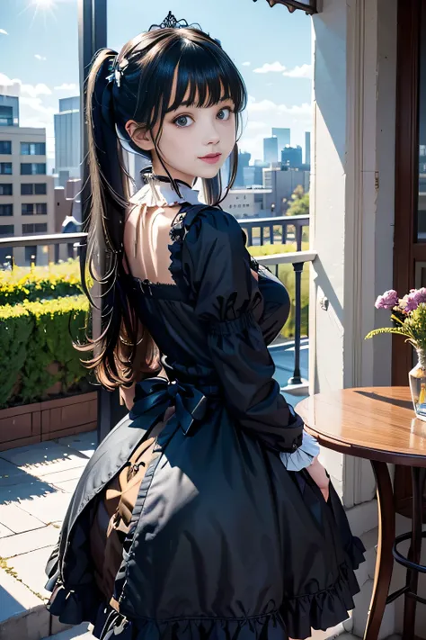  (looking back at the viewer),♥(lolita gothic costume),((1girl,cute,young,semi long beautiful black hair,blunt bangs,pony tale,beautiful blue eyes)),(solo),((masterpiece, highest resolution,best quality)), (beautiful illustration),(lolita gothic costume),(...