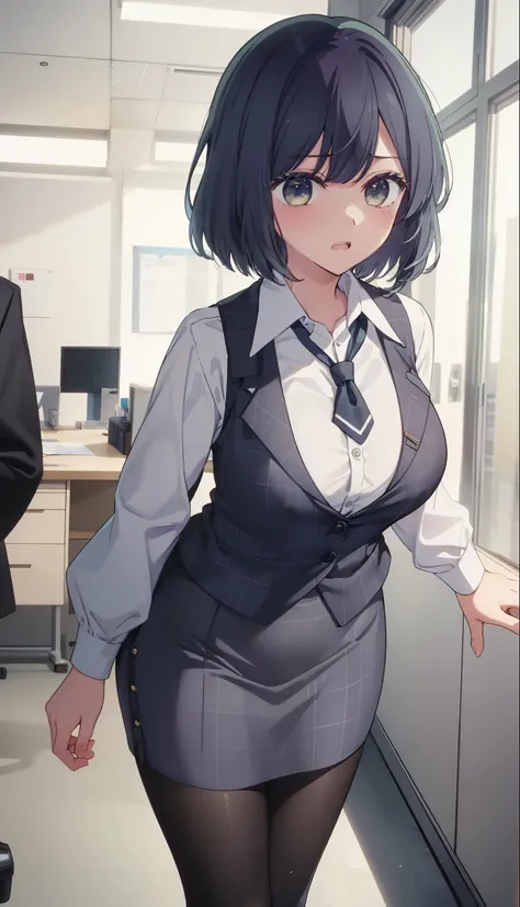 highest quality, Flying debris、Beautiful woman、Office Lady、Black Hair、(Brown eyes、Big Breasts、Blunt bangs)、short hair、Dark blue checked office suit)、new employee,Full Body Shot、Female office lady、break(Dark blue checked vest、White dress shirt、Navy blue min...