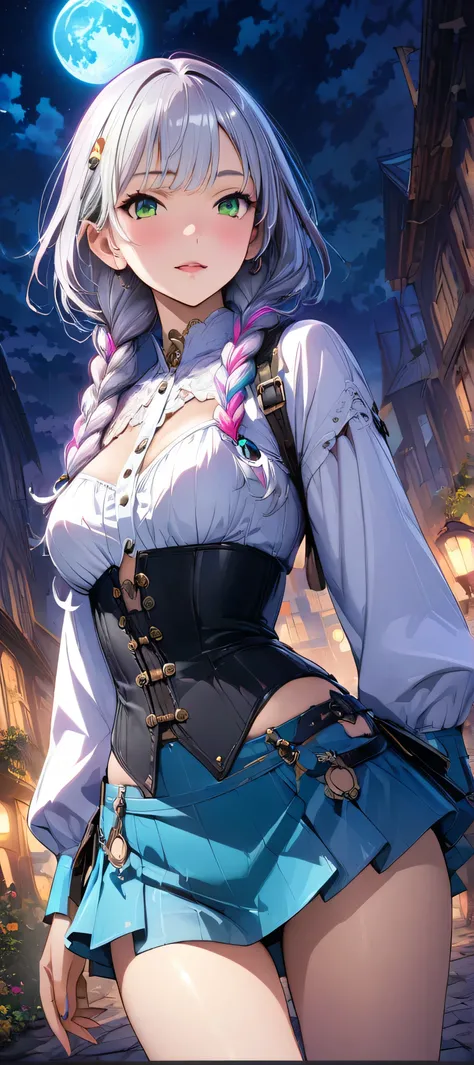 (masutepiece, of the highest quality, Best Quality, Official art, Beautiful and aesthetic:1.2),  Extremely detailed,(Colorful:1.1),highest details, one arafed woman with braids white hair and pink tips  and green eyes, sexy corset and mini skirt, sfw, nigh...