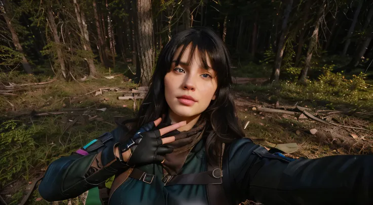 there is a woman that is taking a selfie in the woods, female lead character, portrait of a female ranger, heavy gesture style closeup, female character, postapocalyptic explorer, black hair with bangs, blue eyes, pink lips